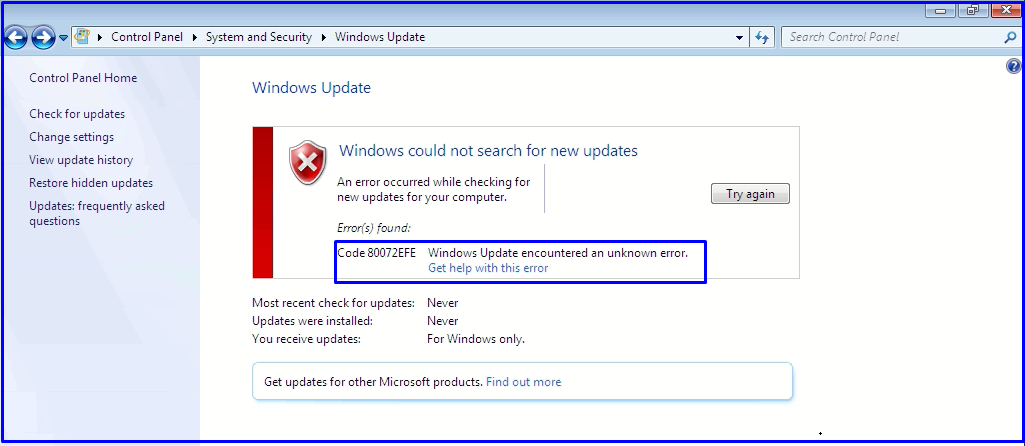 windows update error 80072efe
