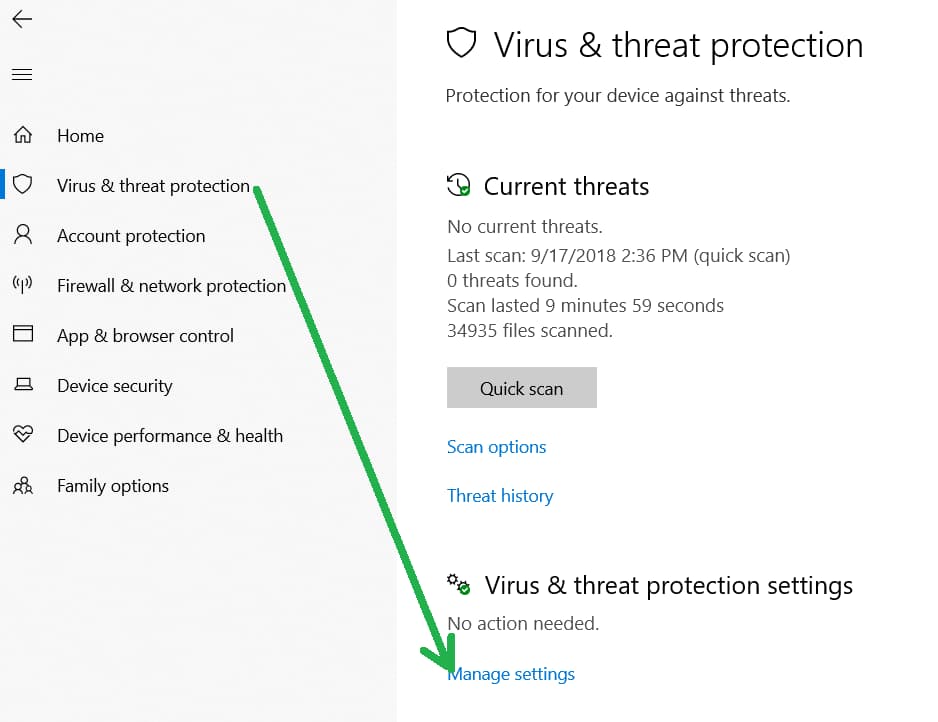 choose the link labeled "Manage settings" under the header "Virus & threat protection settings."
