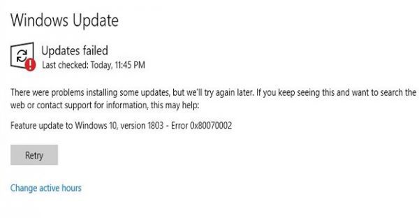 Feature Update to Windows 10, Version 1903 - Error 0x80070002