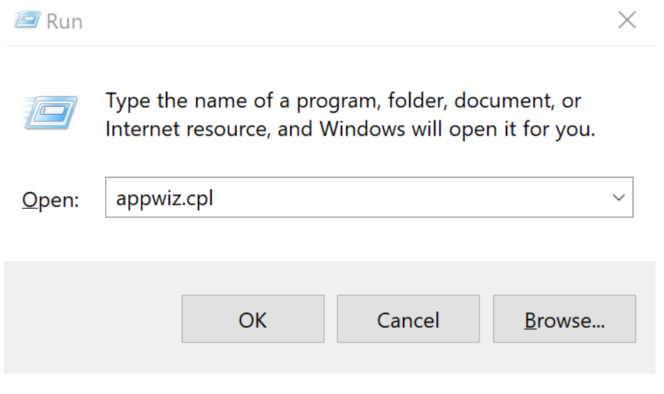 In the box, enter “appwiz.cpl”--> Select “OK” tab. 