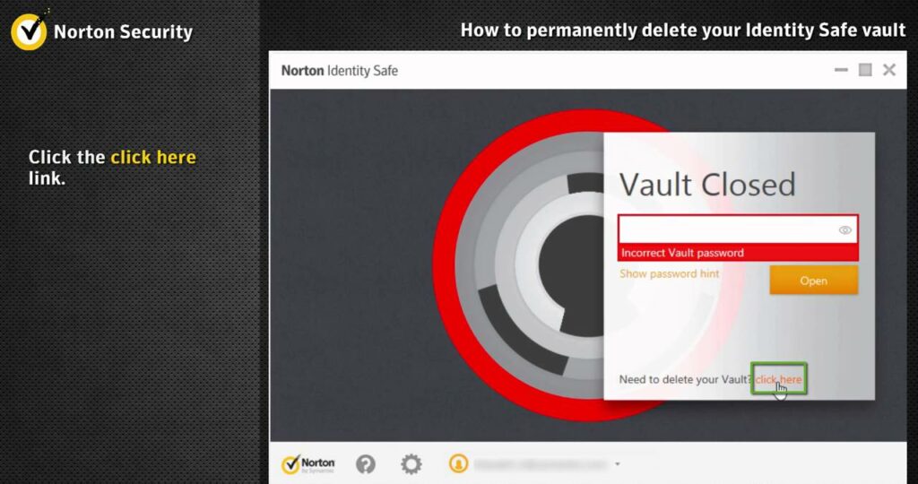 Norton vault password incorrect: delete vault account
