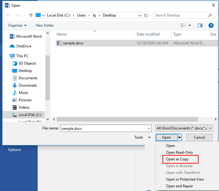 Open the Word Document as Copy in Word