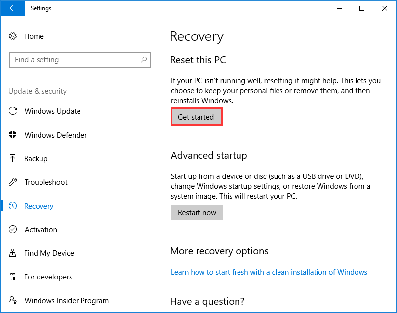 Reinstall Windows 10 with Reset PC Feature