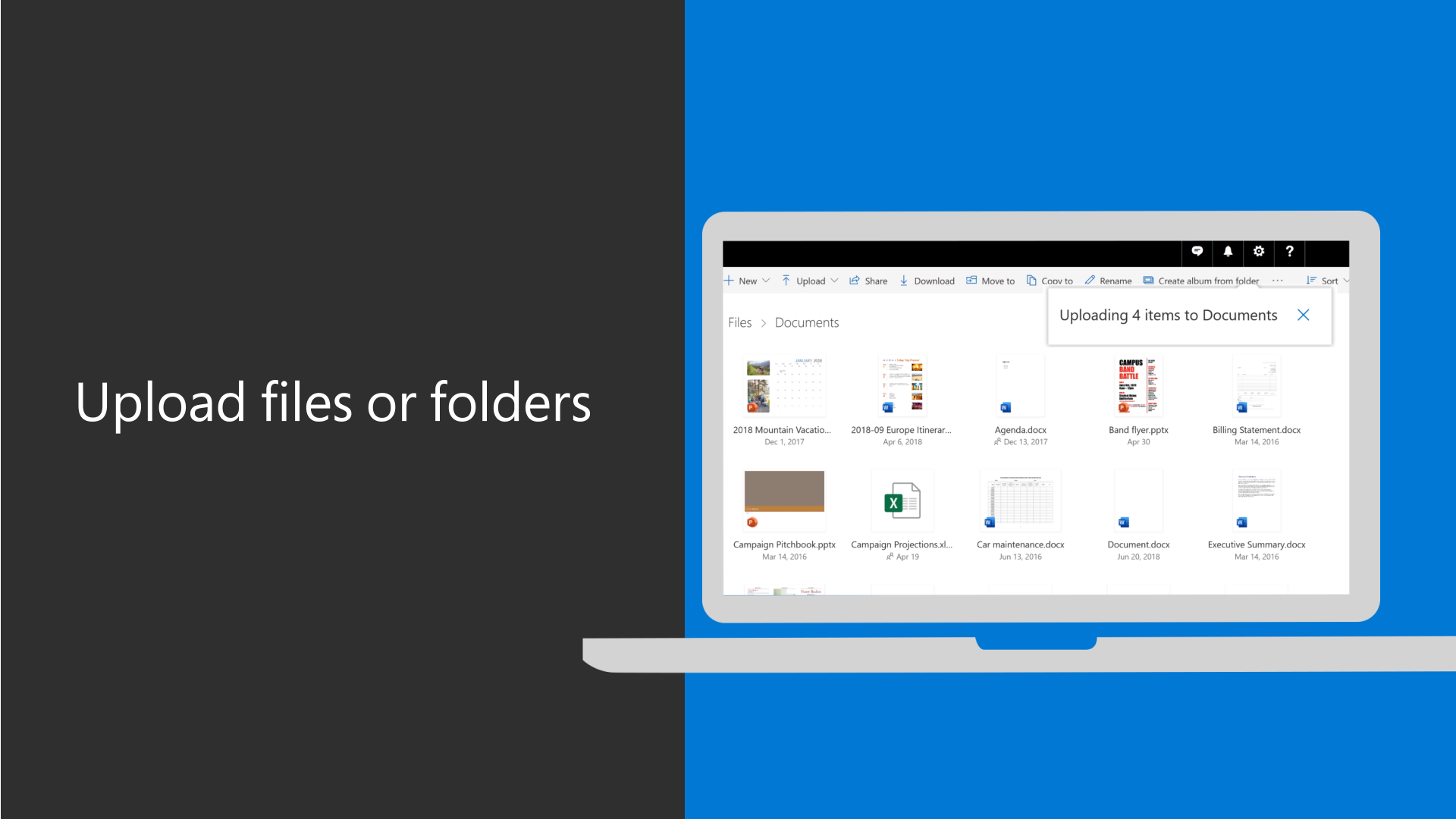 Enter the OneDrive Interface. Click on Upload to perform the large file transfer. 