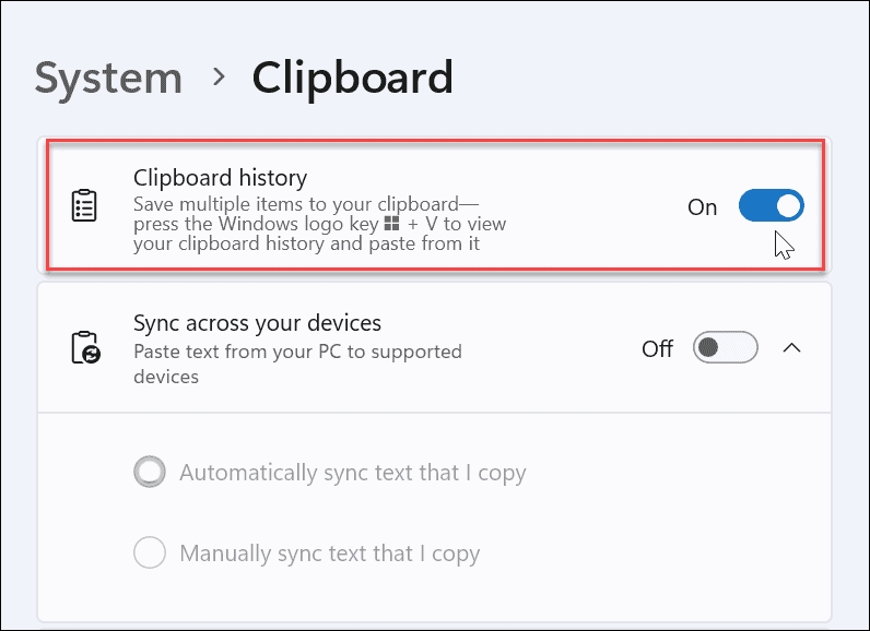 Turning Clipboard History ON